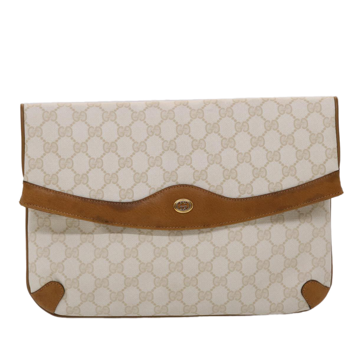 GUCCI GG Canvas Clutch Bag PVC Leather White Brown Auth yk7923