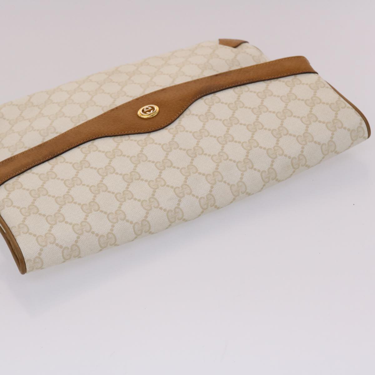 GUCCI GG Canvas Clutch Bag PVC Leather White Brown Auth yk7923