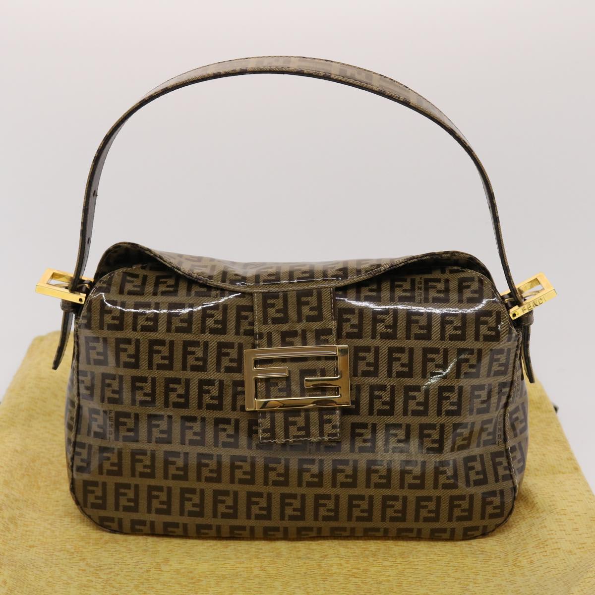 FENDI Zucchino Canvas Mamma Baguette Shoulder Bag Brown Auth yk7943