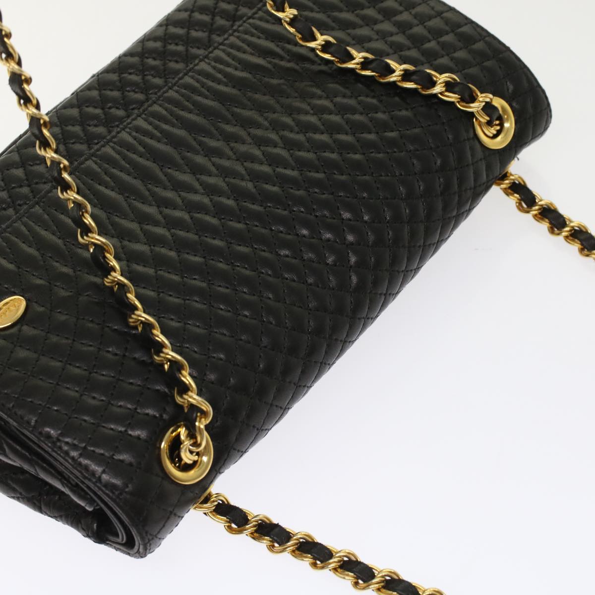 BALLY Quilted Chain Shoulder Bag Leather Black Auth yk7978
