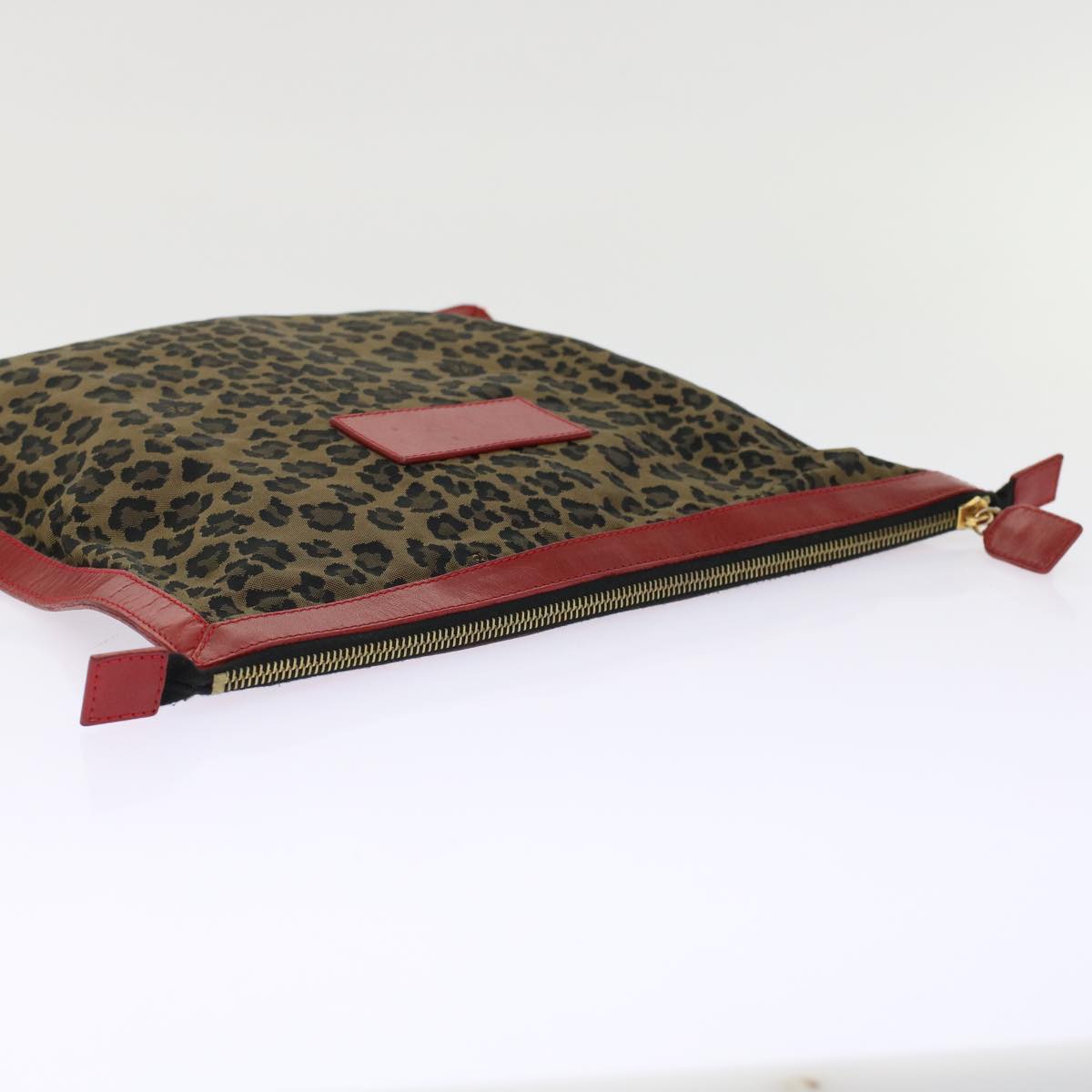 FENDI Leopard Clutch Bag Nylon Leather Black Brown Red Auth yk7980