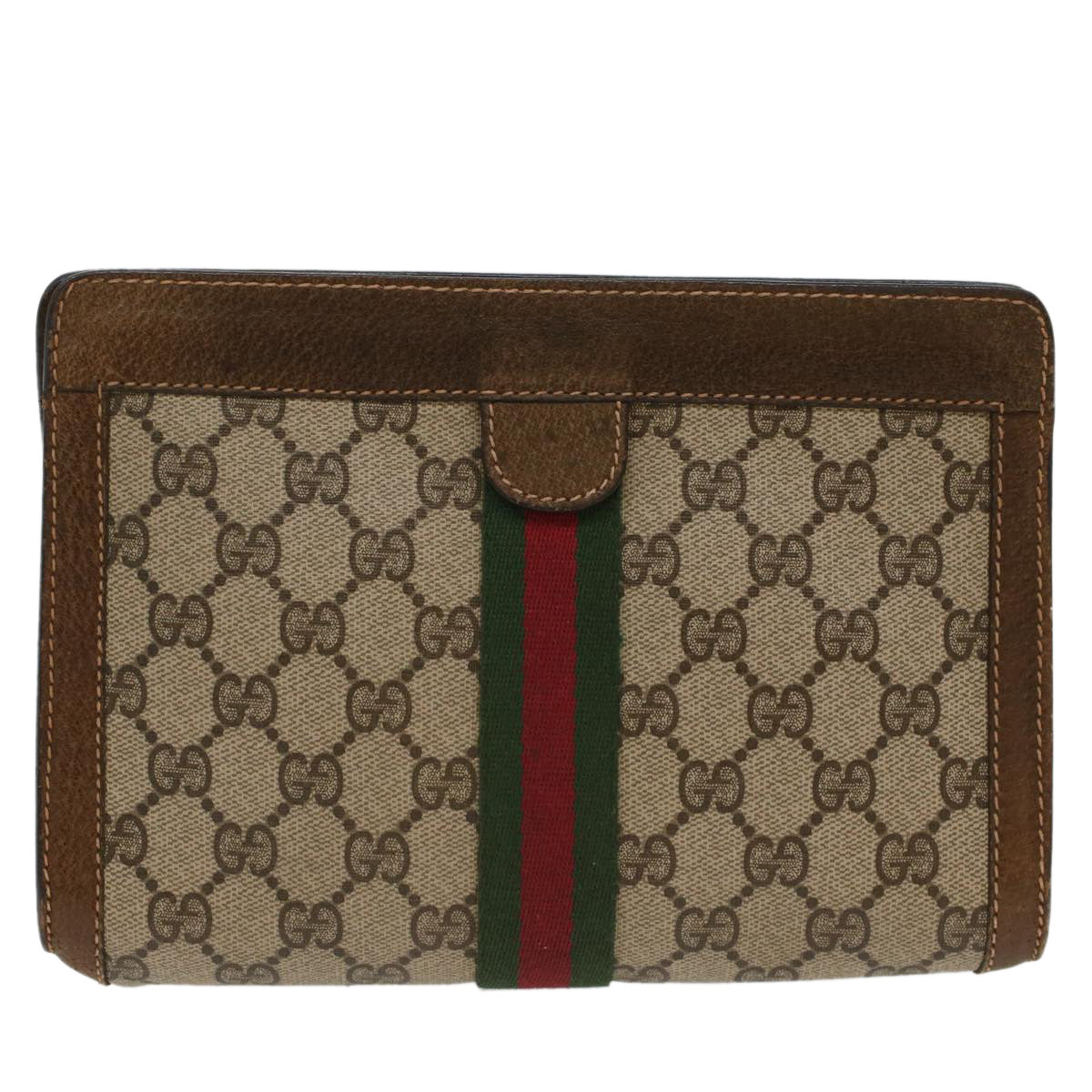 GUCCI GG Canvas Web Sherry Line Clutch Bag Beige Red 37.014.2125 Auth yk8078