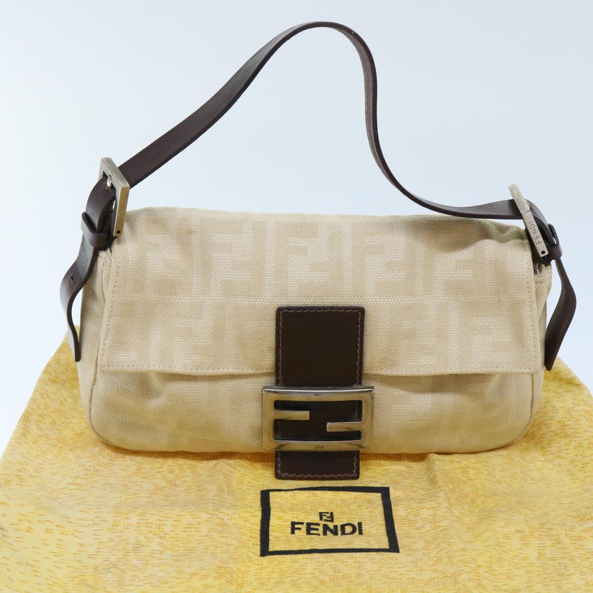 FENDI Zucca Canvas Mamma Baguette Shoulder Bag Leather Beige Auth yk8097B