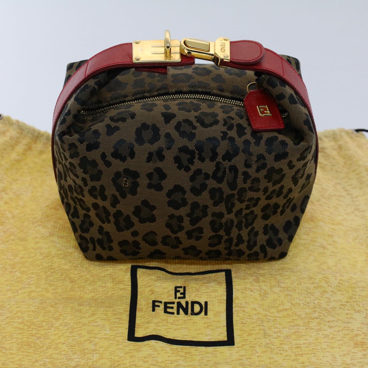 FENDI Leopard Pouch Nylon Leather Brown Red Auth yk8155