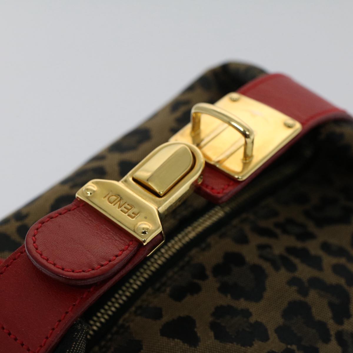 FENDI Leopard Pouch Nylon Leather Brown Red Auth yk8155