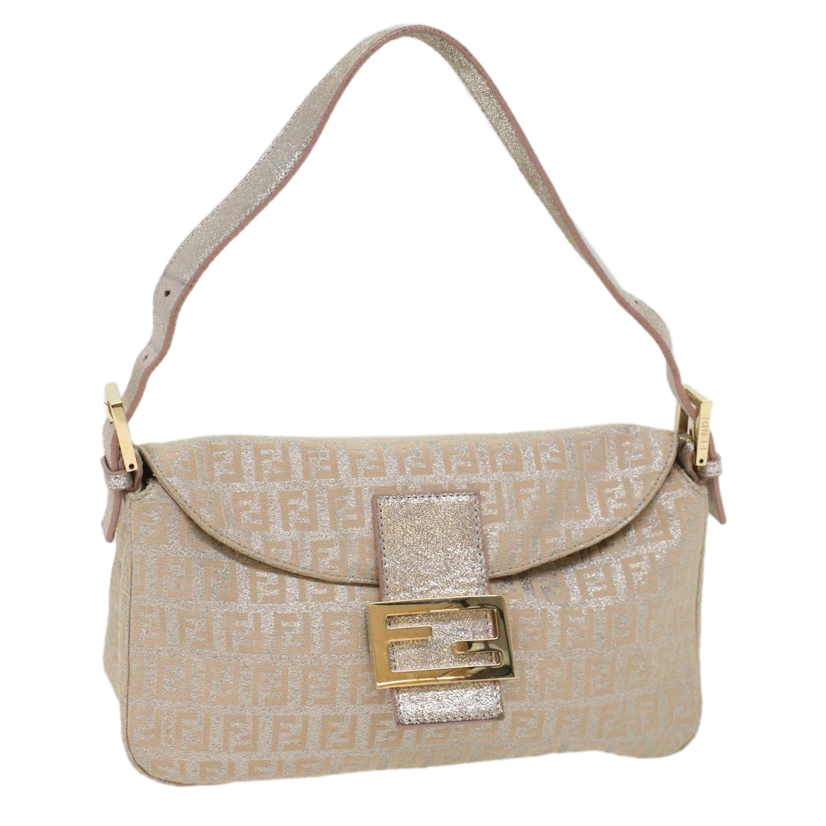 FENDI Zucchino Canvas Mamma Baguette Shoulder Bag Silver Auth yk8171