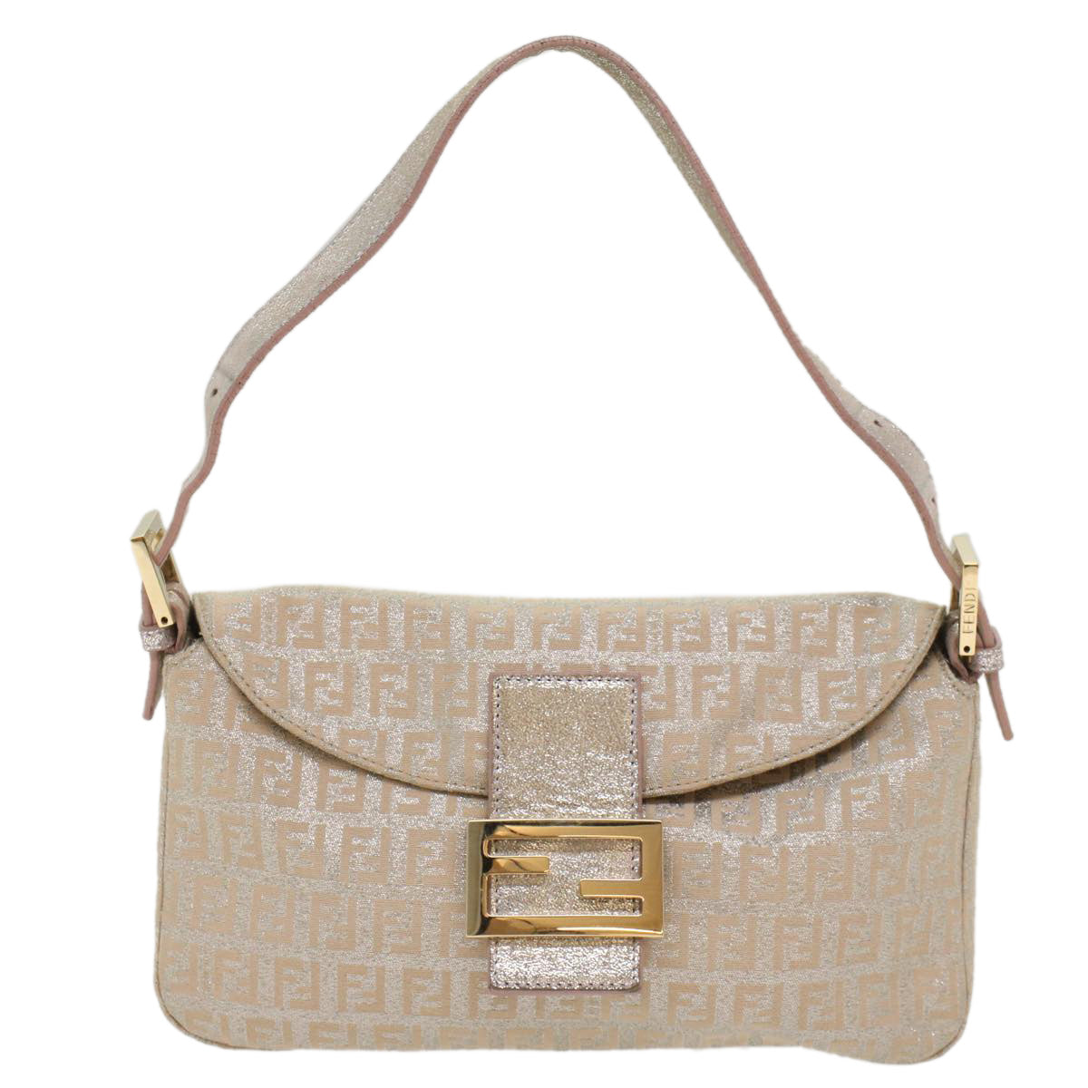 FENDI Zucchino Canvas Mamma Baguette Shoulder Bag Silver Auth yk8171