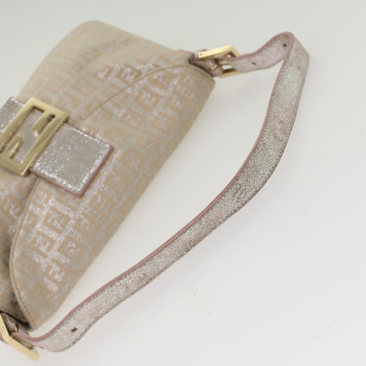 FENDI Zucchino Canvas Mamma Baguette Shoulder Bag Silver Auth yk8171