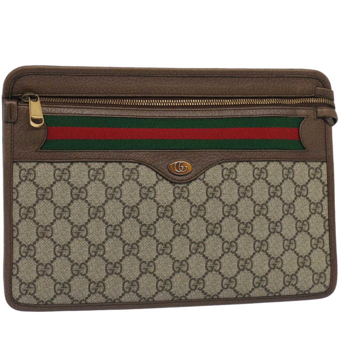 GUCCI GG Canvas Web Sherry Line Clutch Bag Beige Red Green 597619 Auth yk8206