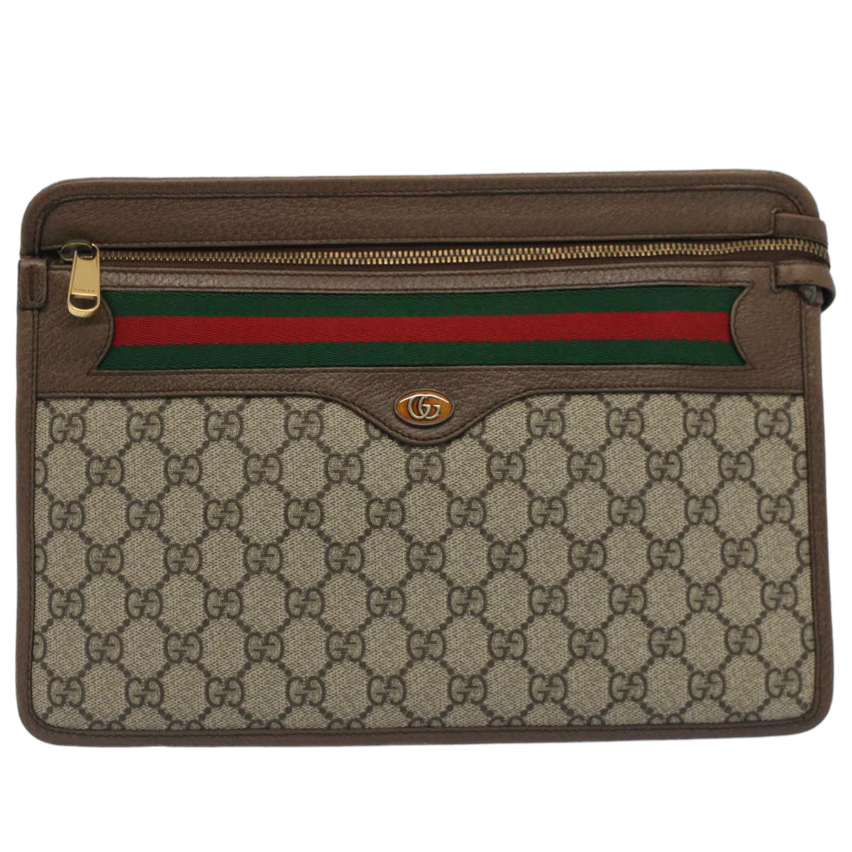 GUCCI GG Canvas Web Sherry Line Clutch Bag Beige Red Green 597619 Auth yk8206