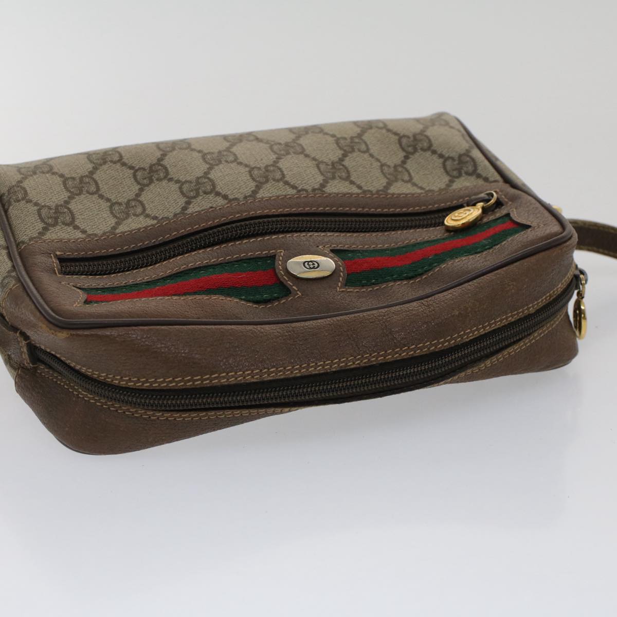 GUCCI GG Canvas Web Sherry Line Shoulder Bag Beige Red Green Auth yk8226