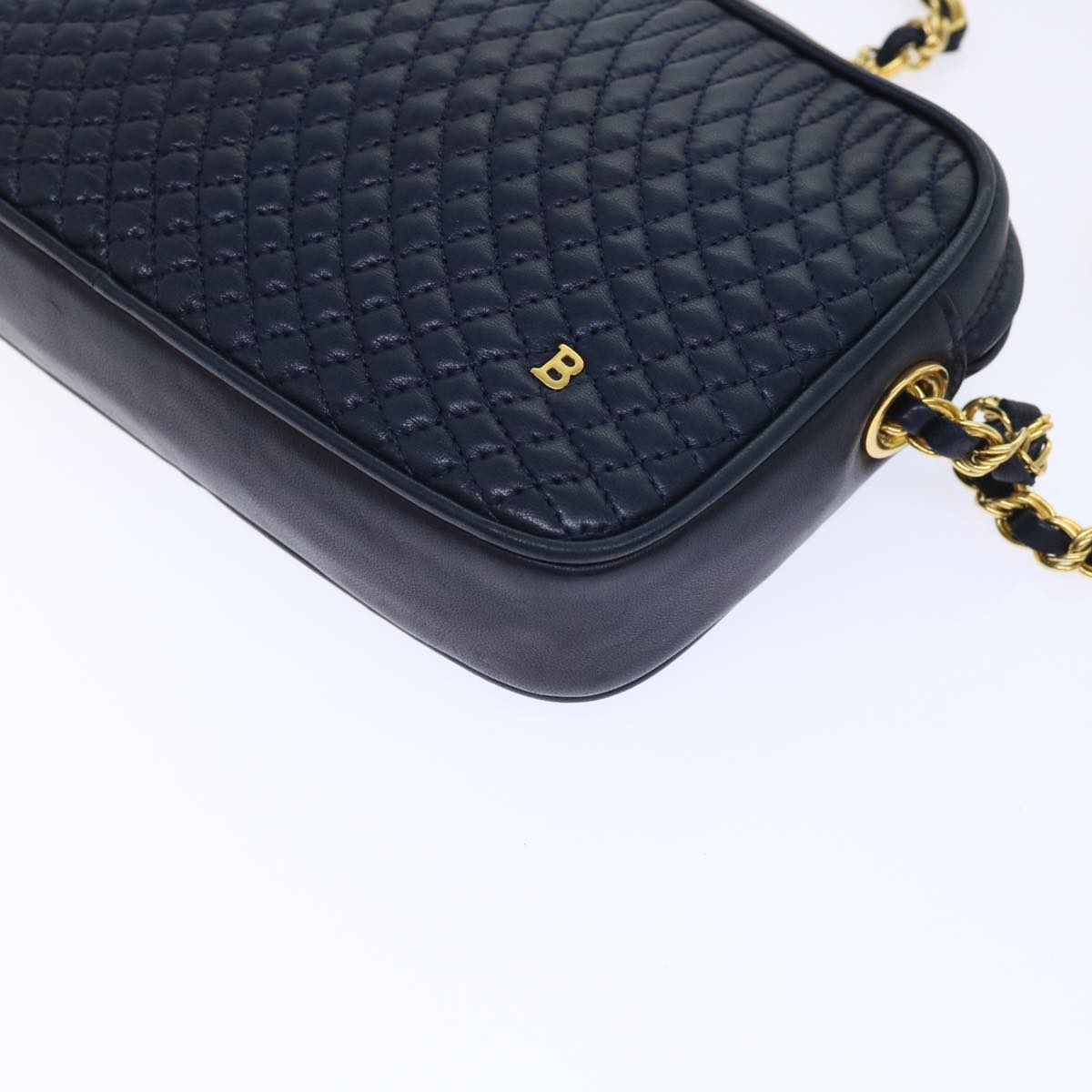 BALLY Quilted Chain Shoulder Bag Leather Navy Auth yk8234