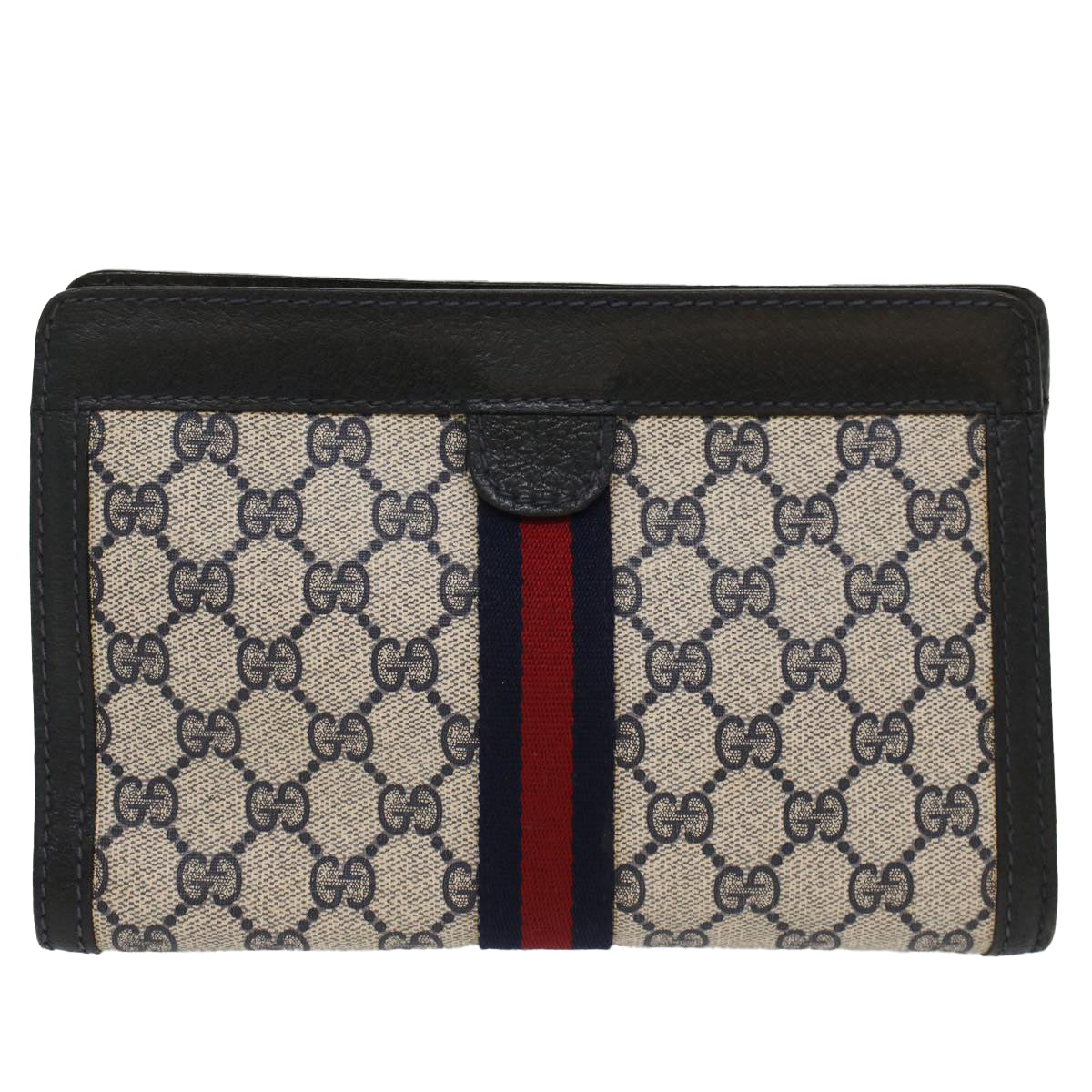 GUCCI GG Canvas Sherry Line Clutch Bag Gray Red Navy 64.014.2125.23 Auth yk8296