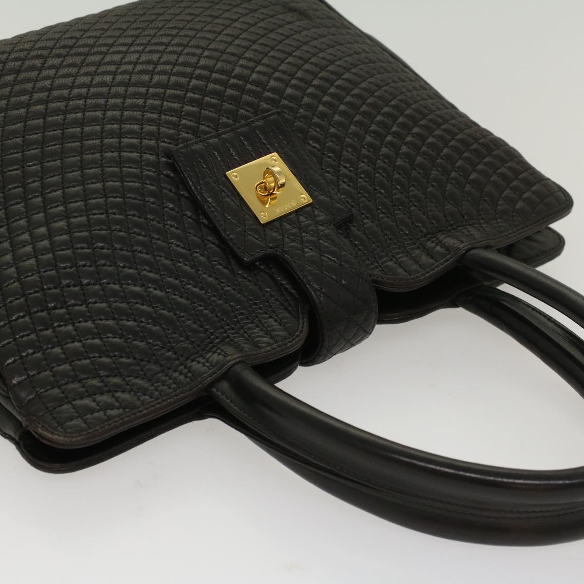 BALLY Turn Lock Quilted Hand Bag Leather Black Auth yk8324