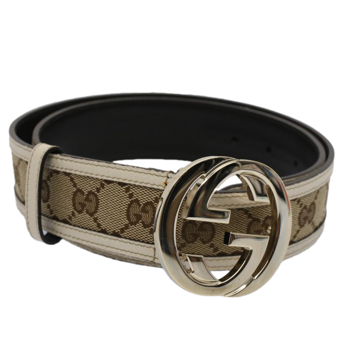 GUCCI GG Canvas Interlocking Belt 32.3""-34.3"" Beige White Auth yk8338