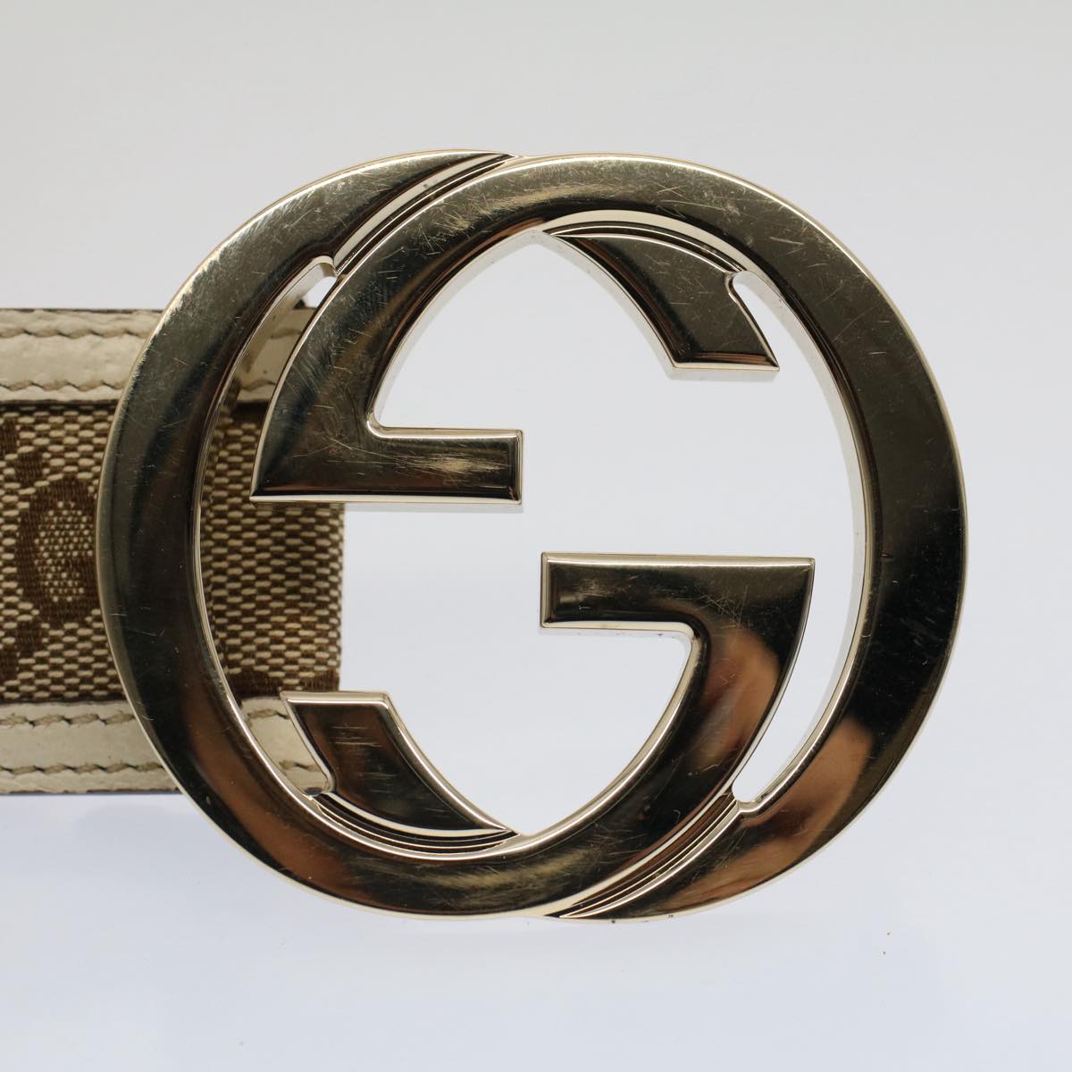 GUCCI GG Canvas Interlocking Belt 32.3""-34.3"" Beige White Auth yk8338