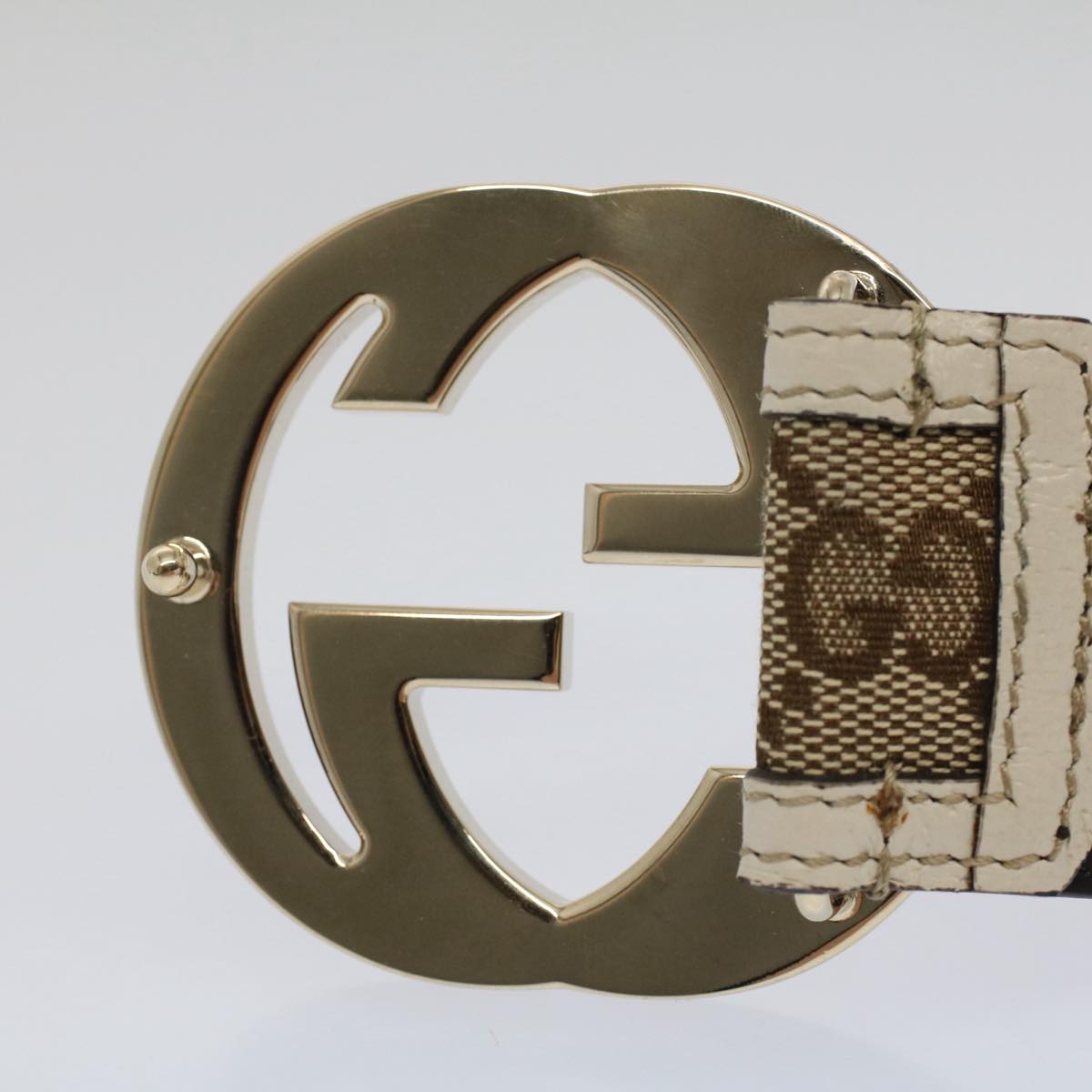 GUCCI GG Canvas Interlocking Belt 32.3""-34.3"" Beige White Auth yk8338