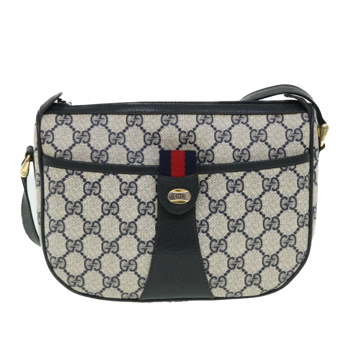 GUCCI GG Canvas Sherry Line Shoulder Bag Gray Red Navy 89.02.032 Auth yk8362