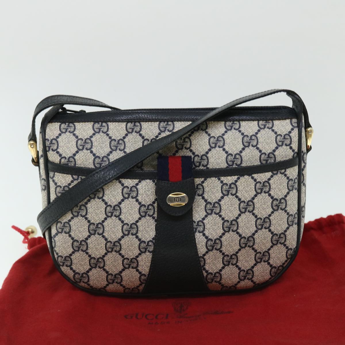 GUCCI GG Canvas Sherry Line Shoulder Bag Gray Red Navy 89.02.032 Auth yk8362