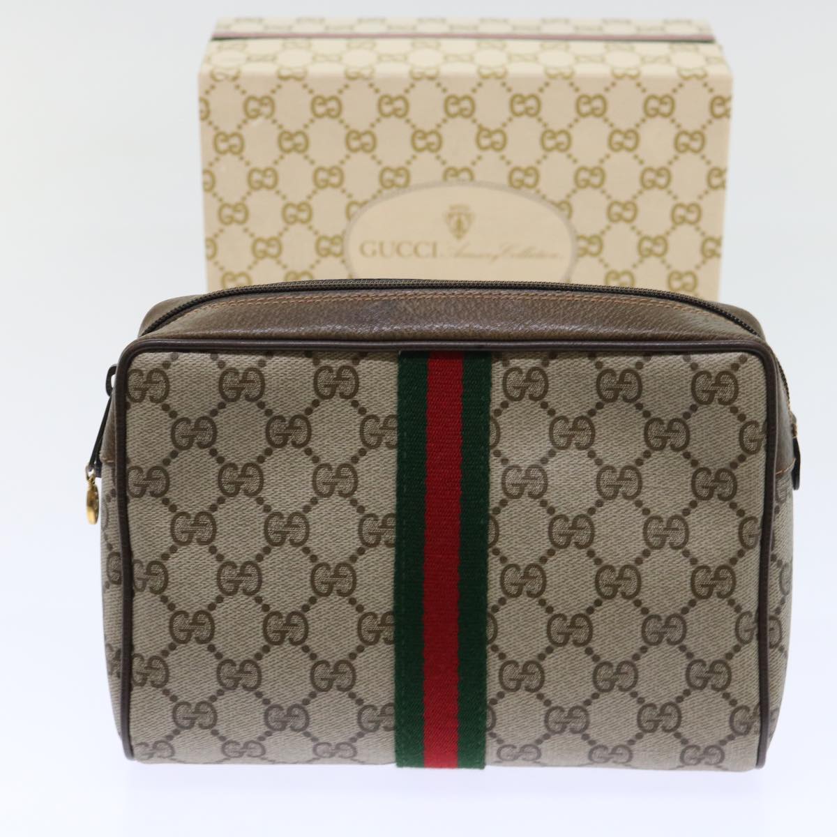 GUCCI GG Canvas Web Sherry Line Clutch Bag Beige Red 63 01 012 Auth yk8363B