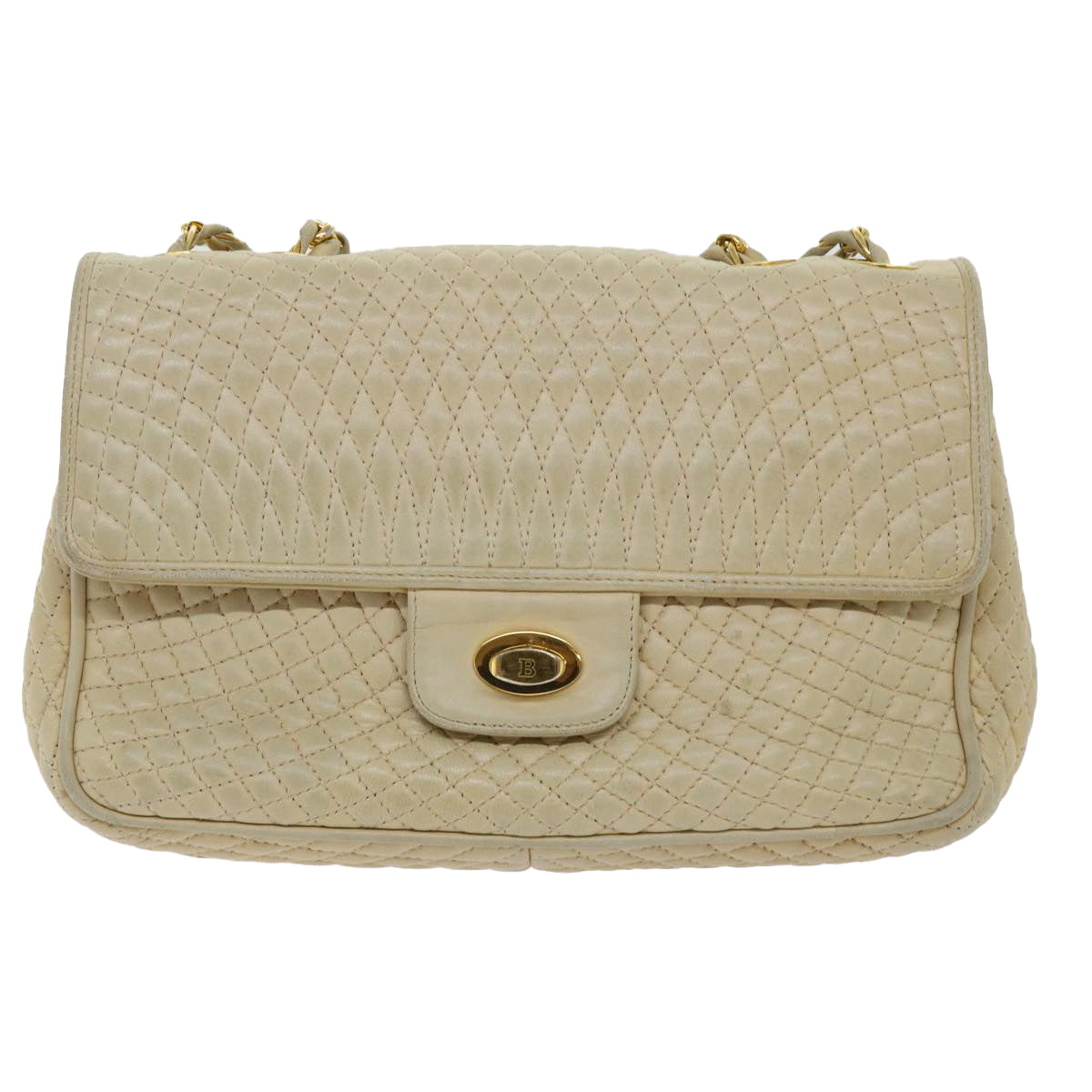 BALLY Quilted Chain Shoulder Bag Leather Beige Auth yk8364B