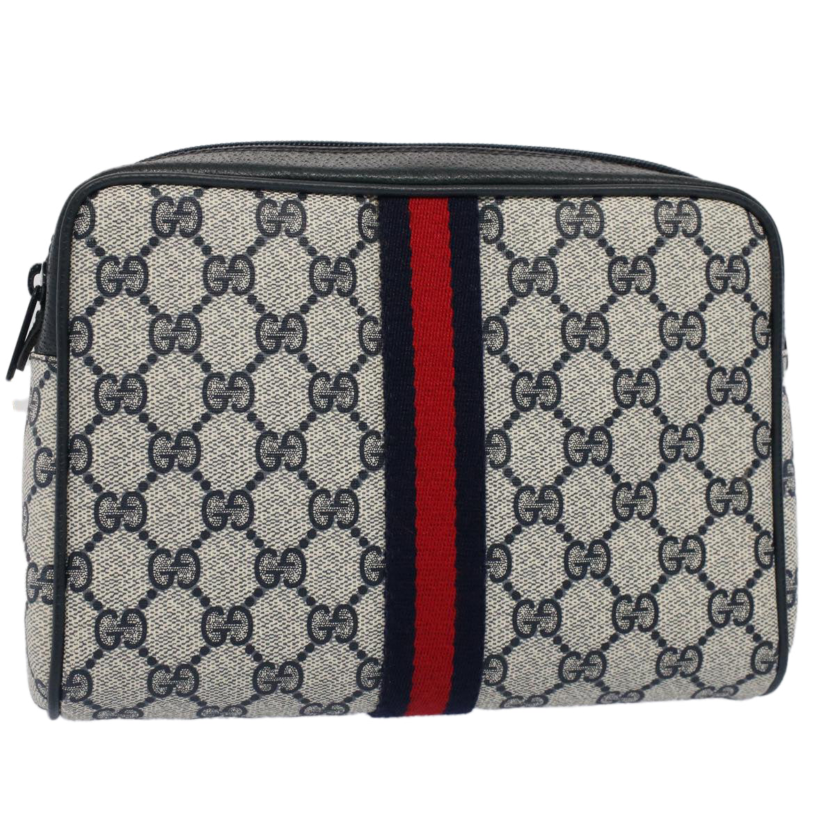 GUCCI GG Canvas Sherry Line Clutch Bag Gray Red Navy 010.378... Auth yk8375B