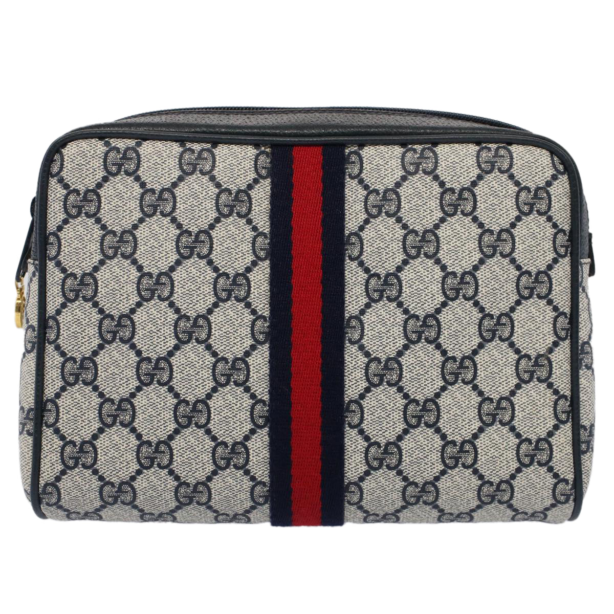 GUCCI GG Canvas Sherry Line Clutch Bag Gray Red Navy 010.378... Auth yk8375B