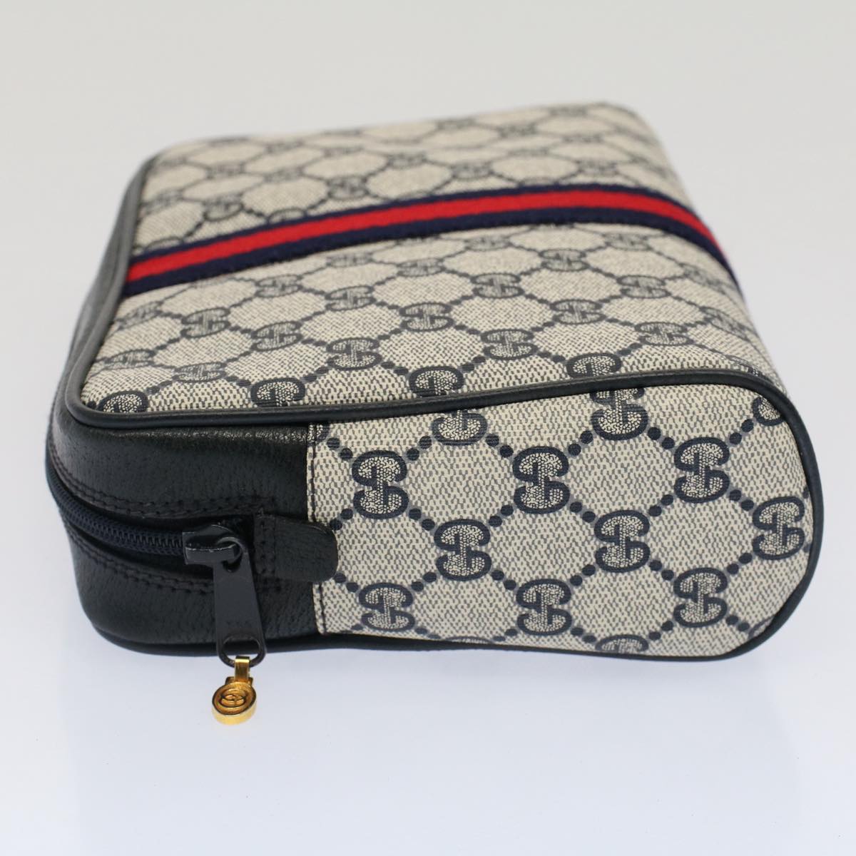 GUCCI GG Canvas Sherry Line Clutch Bag Gray Red Navy 010.378... Auth yk8375B