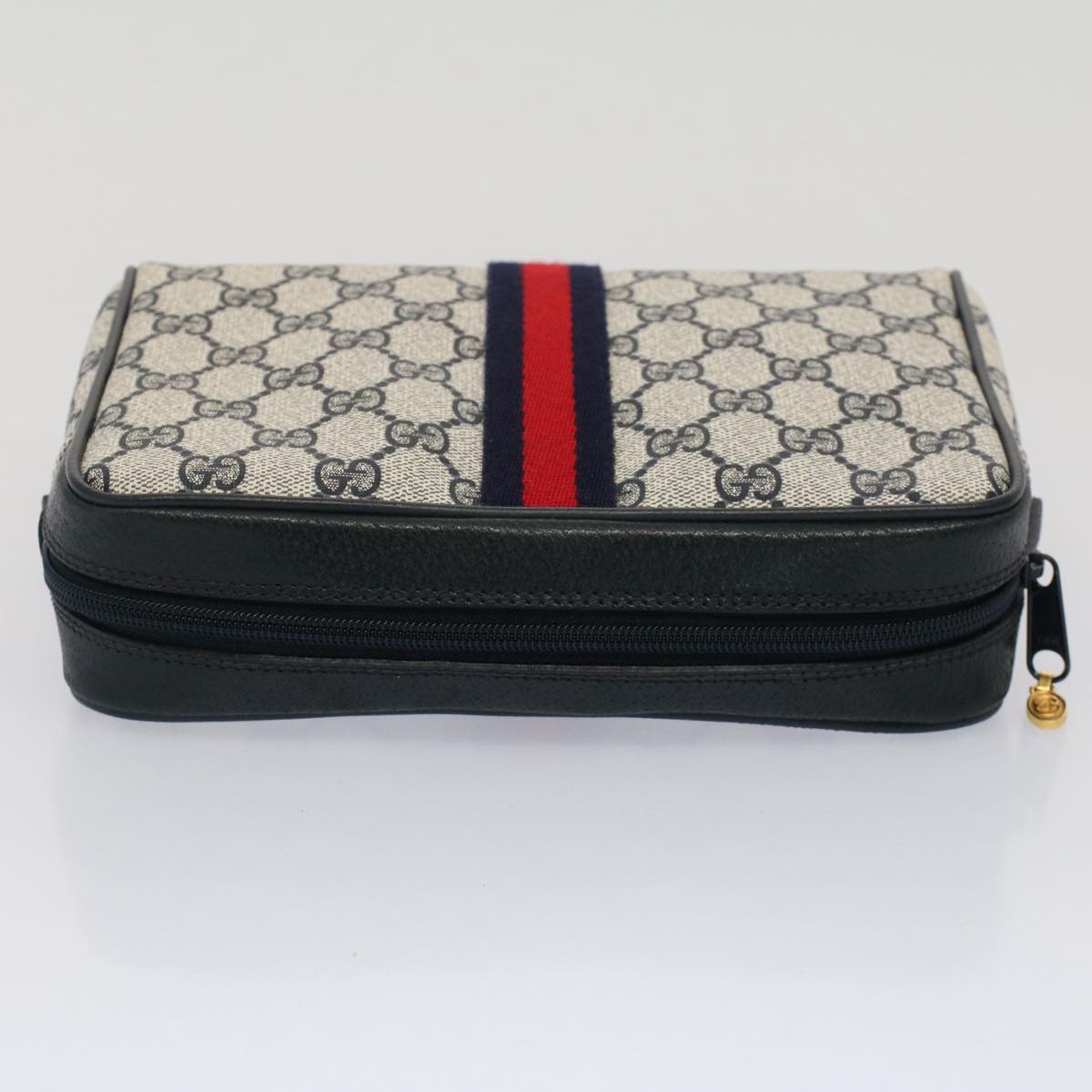 GUCCI GG Canvas Sherry Line Clutch Bag Gray Red Navy 010.378... Auth yk8375B