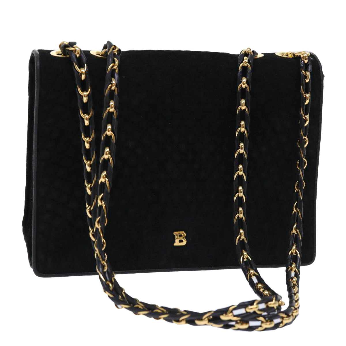 BALLY Quilted Chain Shoulder Bag Suede Black Auth yk8386B