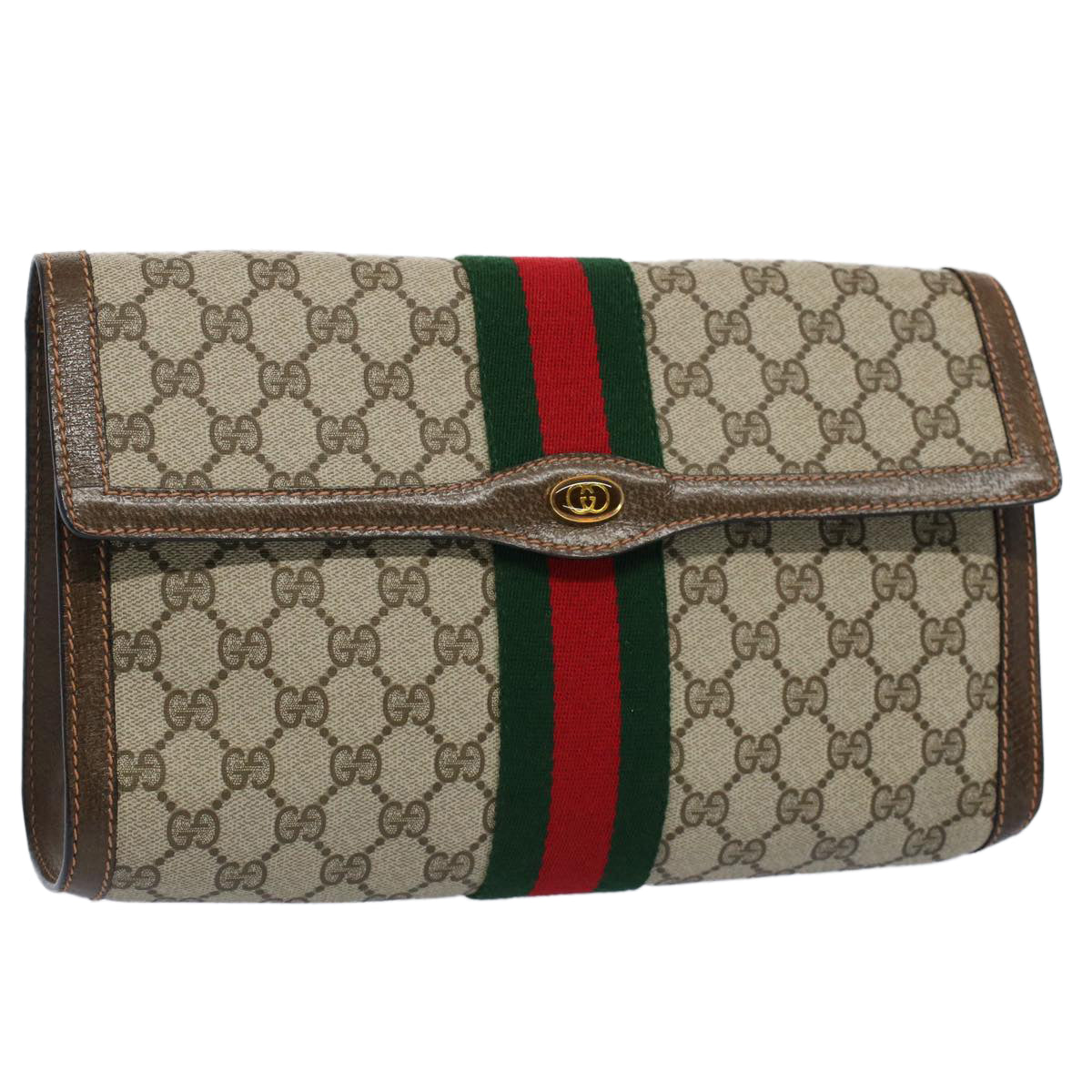 GUCCI GG Canvas Web Sherry Line Clutch Bag Beige Red 89.01.007 Auth yk8389B