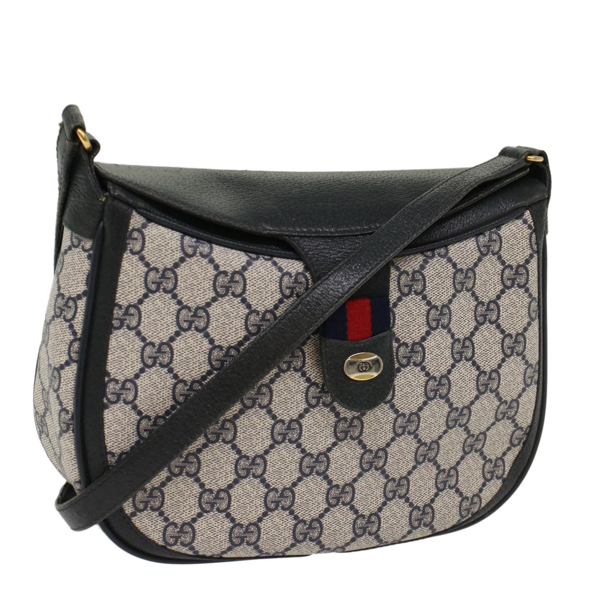 GUCCI GG Canvas Sherry Line Shoulder Bag Gray Red Navy 10 02 056 Auth yk8393B