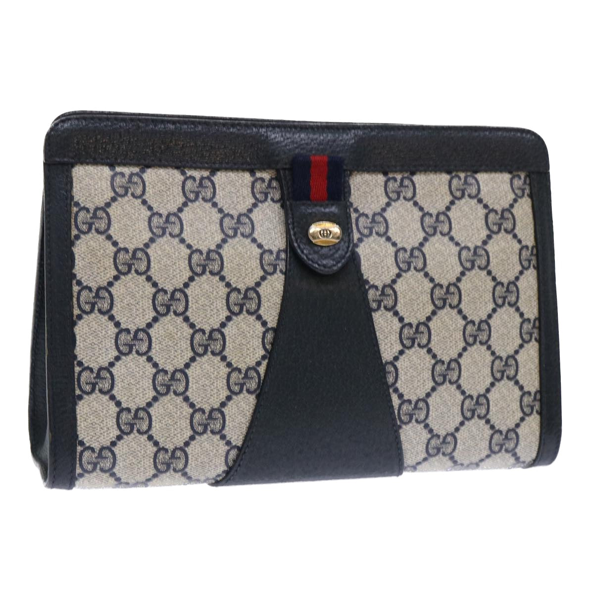 GUCCI GG Canvas Sherry Line Clutch Bag Gray Red Navy 89 01 032 Auth yk8409