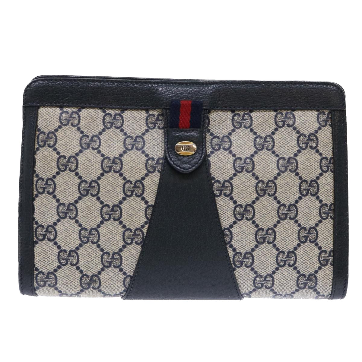 GUCCI GG Canvas Sherry Line Clutch Bag Gray Red Navy 89 01 032 Auth yk8409