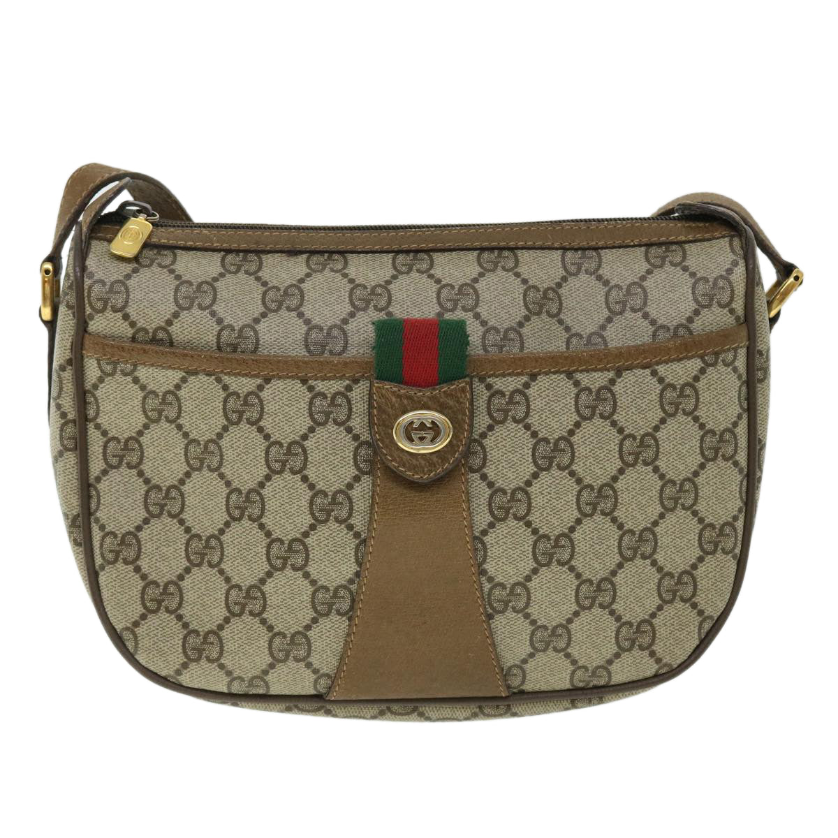 GUCCI GG Canvas Web Sherry Line Shoulder Bag PVC Leather Beige Green Auth yk8413