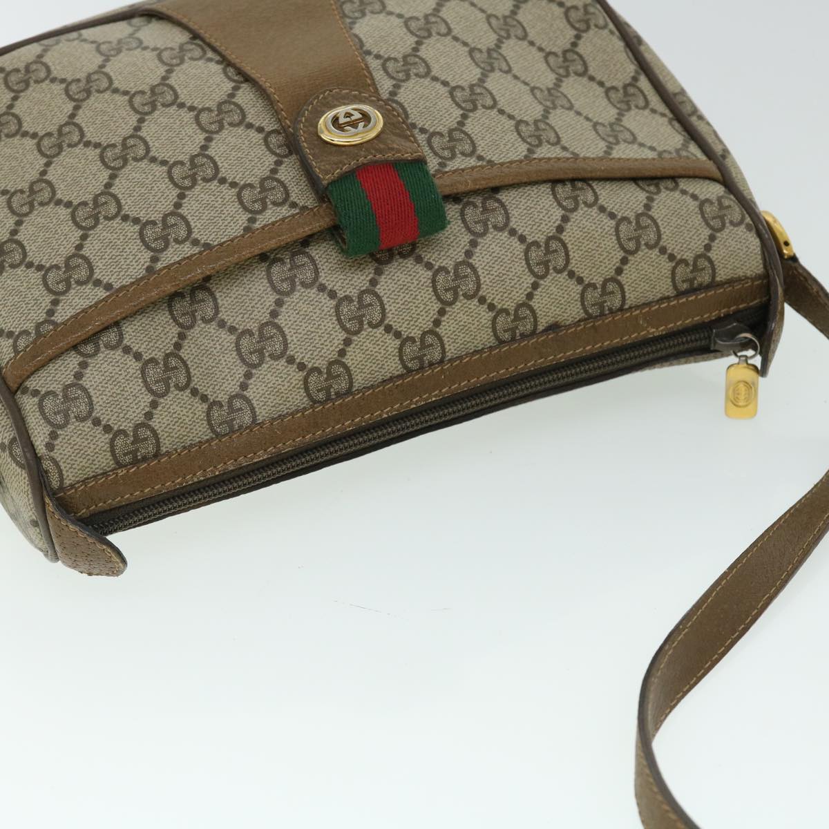 GUCCI GG Canvas Web Sherry Line Shoulder Bag PVC Leather Beige Green Auth yk8413