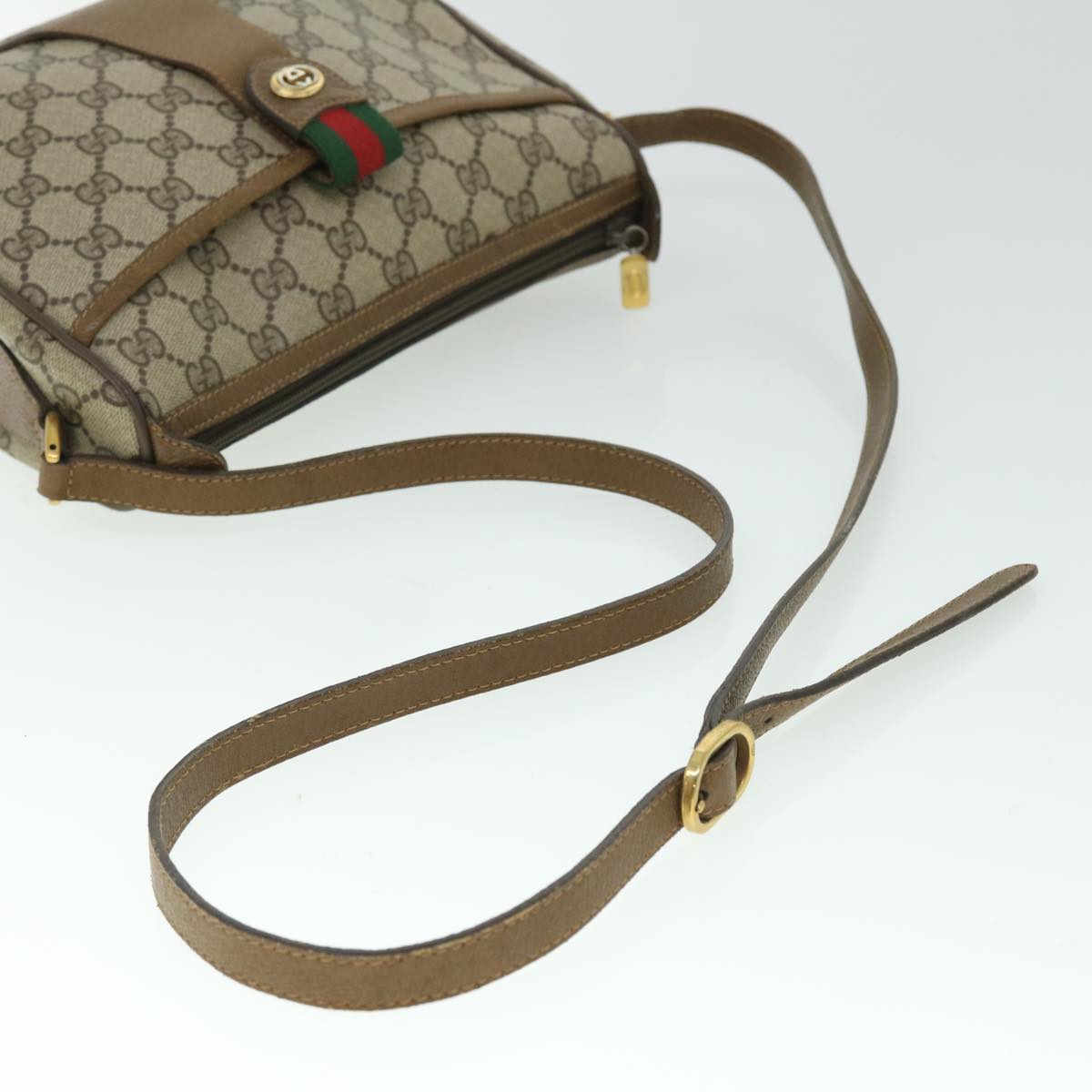 GUCCI GG Canvas Web Sherry Line Shoulder Bag PVC Leather Beige Green Auth yk8413