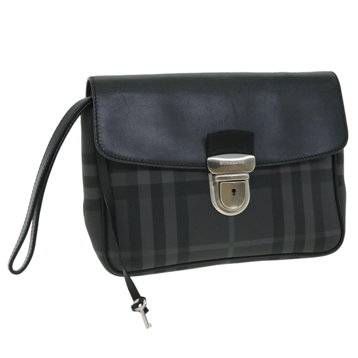 BURBERRY Nova Check Clutch Bag Coated Canvas Leather Black Auth yk8453