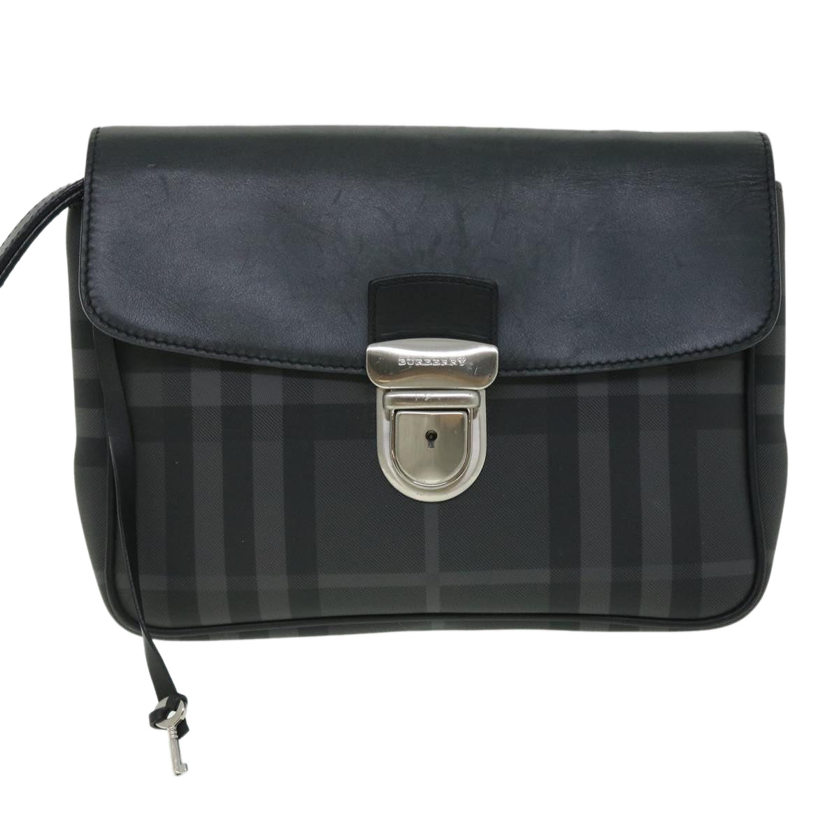 BURBERRY Nova Check Clutch Bag Coated Canvas Leather Black Auth yk8453