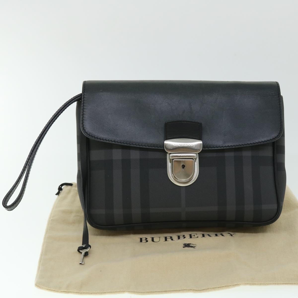 BURBERRY Nova Check Clutch Bag Coated Canvas Leather Black Auth yk8453