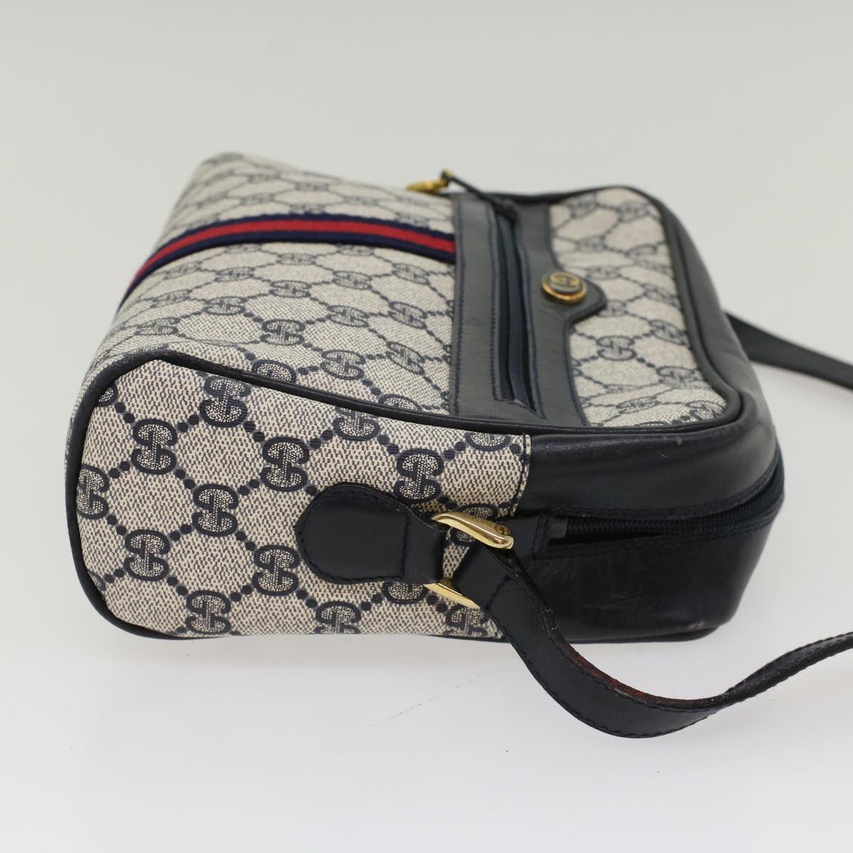 GUCCI GG Canvas Sherry Line Shoulder Bag Gray Red Navy 010.378 Auth yk8467