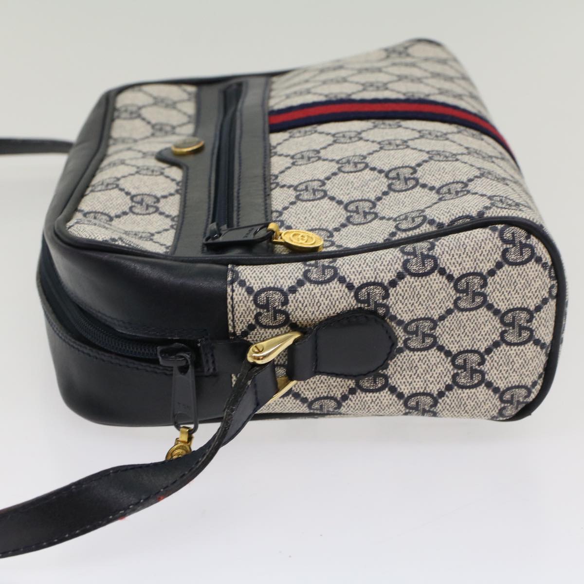 GUCCI GG Canvas Sherry Line Shoulder Bag Gray Red Navy 010.378 Auth yk8467