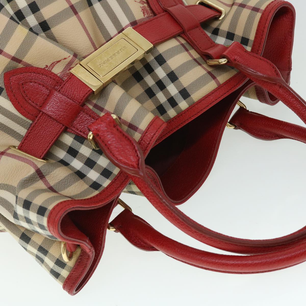 BURBERRY Nova Check Tote Bag PVC Leather Beige Red Auth yk8482