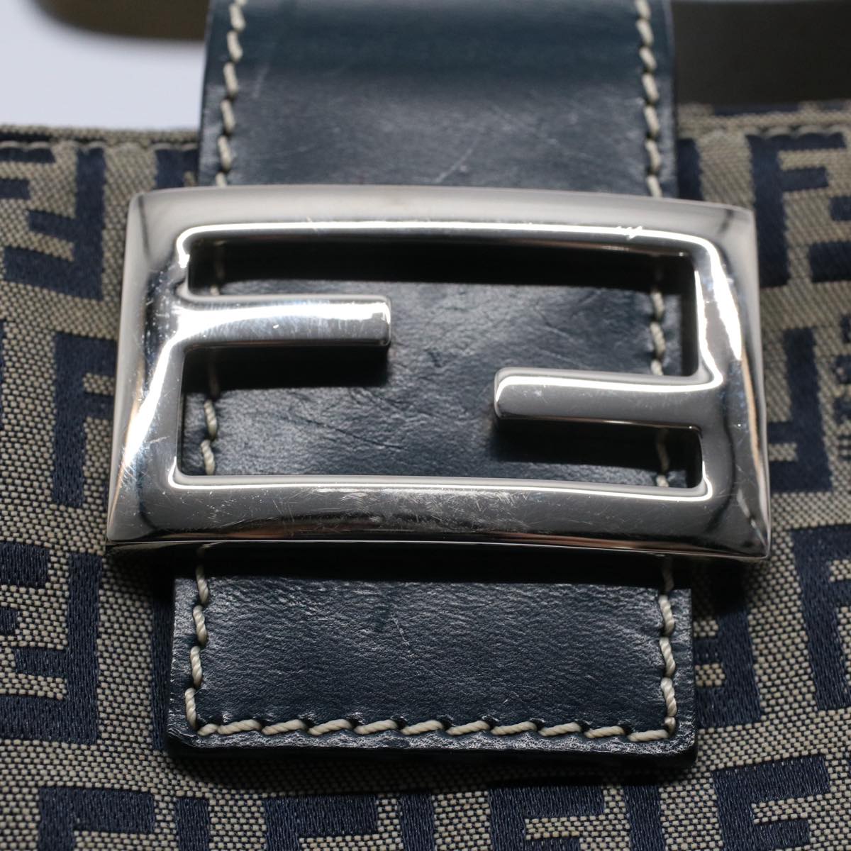 FENDI Zucchino Canvas Mamma Baguette Shoulder Bag Gray Navy Auth yk8484