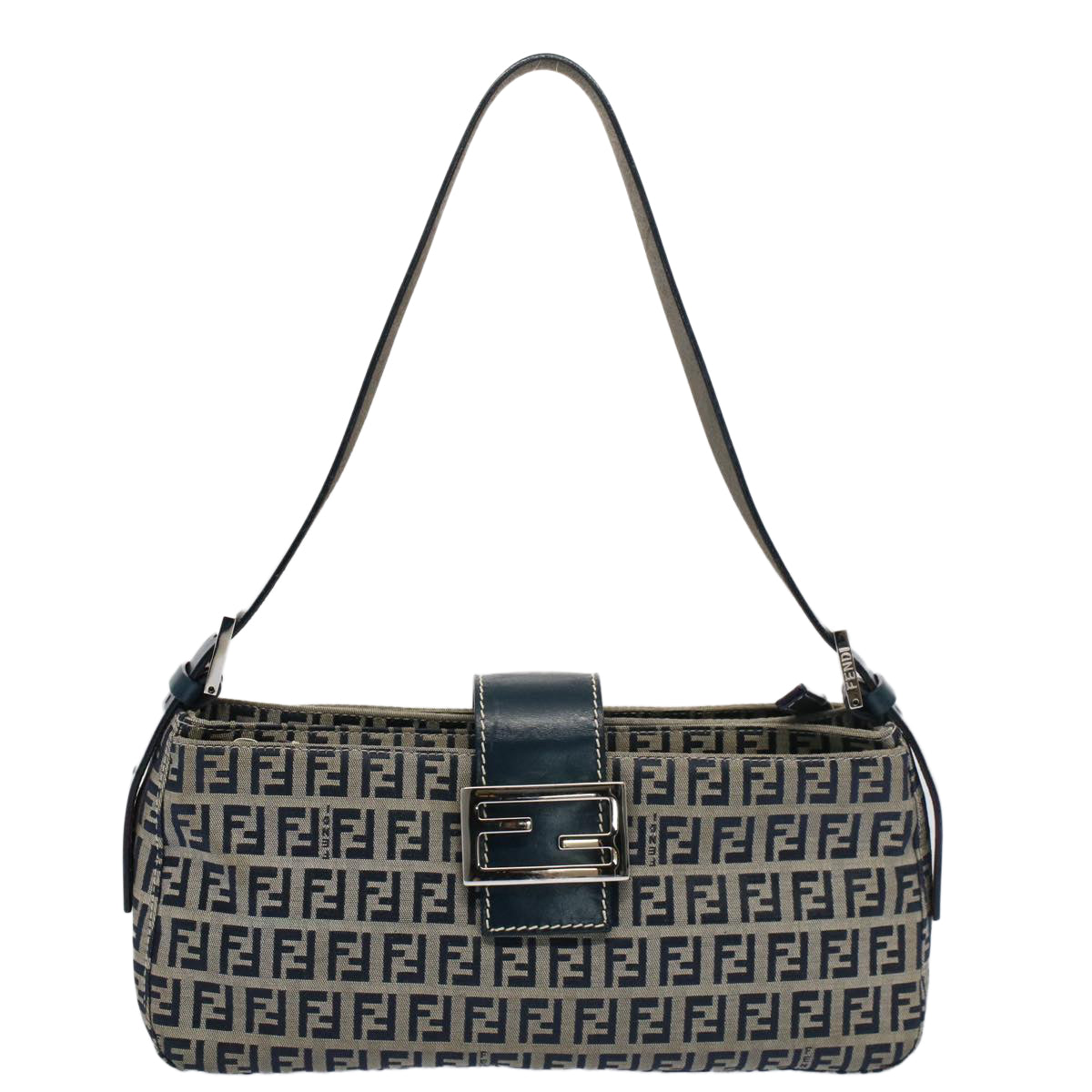 FENDI Zucchino Canvas Mamma Baguette Shoulder Bag Gray Navy Auth yk8484