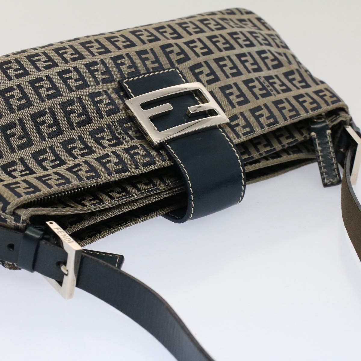 FENDI Zucchino Canvas Mamma Baguette Shoulder Bag Gray Navy Auth yk8484