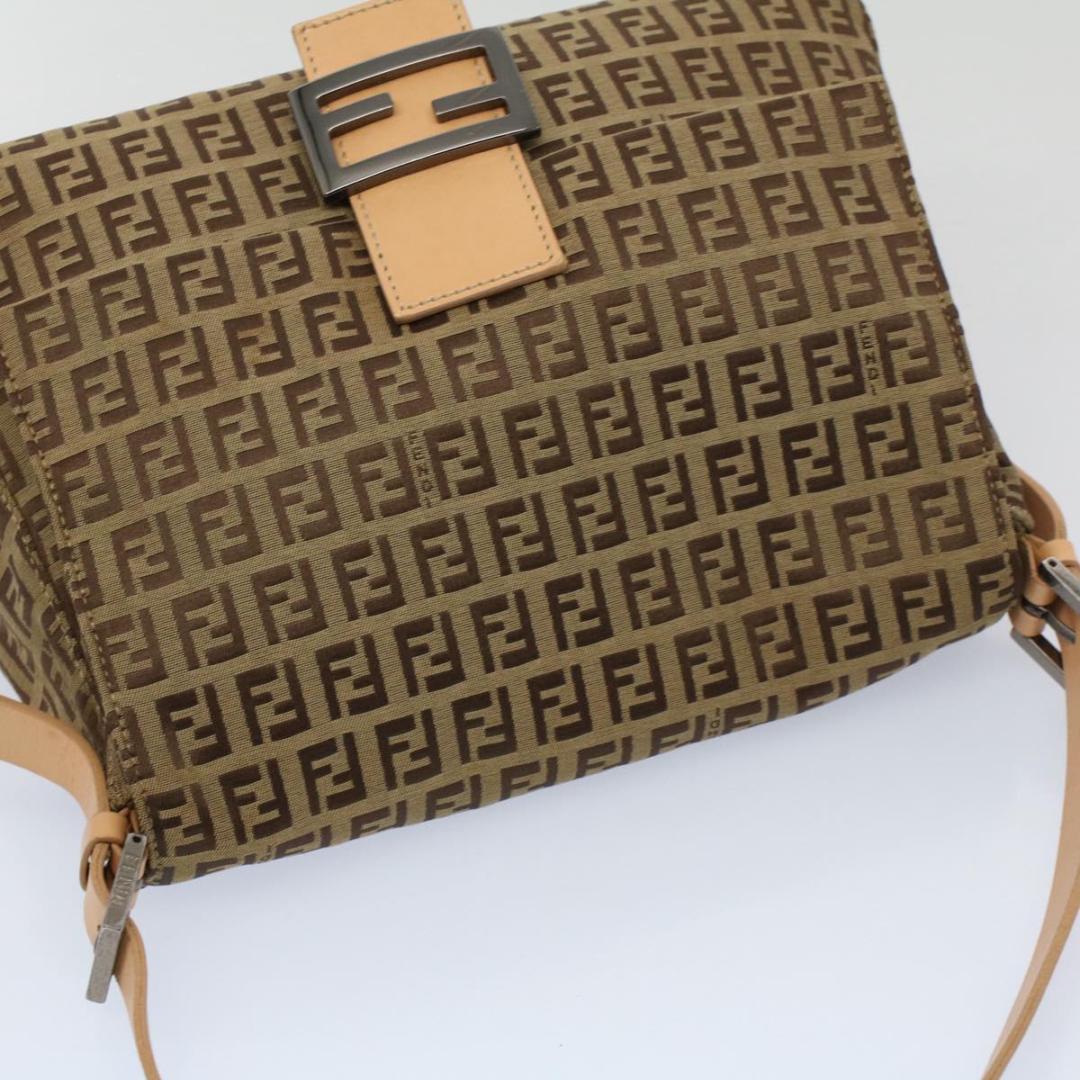 FENDI Zucchino Canvas Mamma Baguette Shoulder Bag Beige Auth yk8498