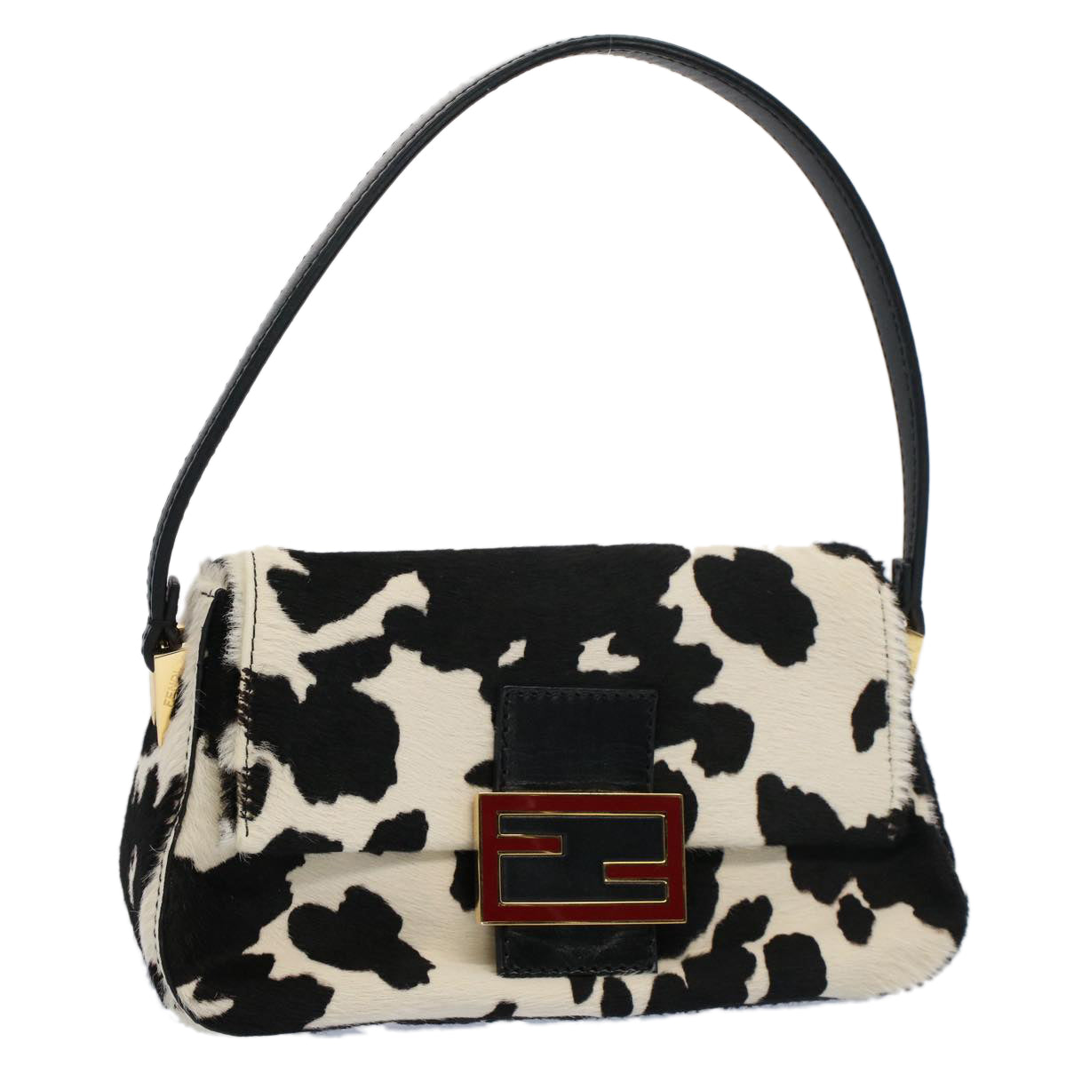 FENDI Cow Pattern Mini Mamma Baguette Bag Harako leather Black White Auth yk8500