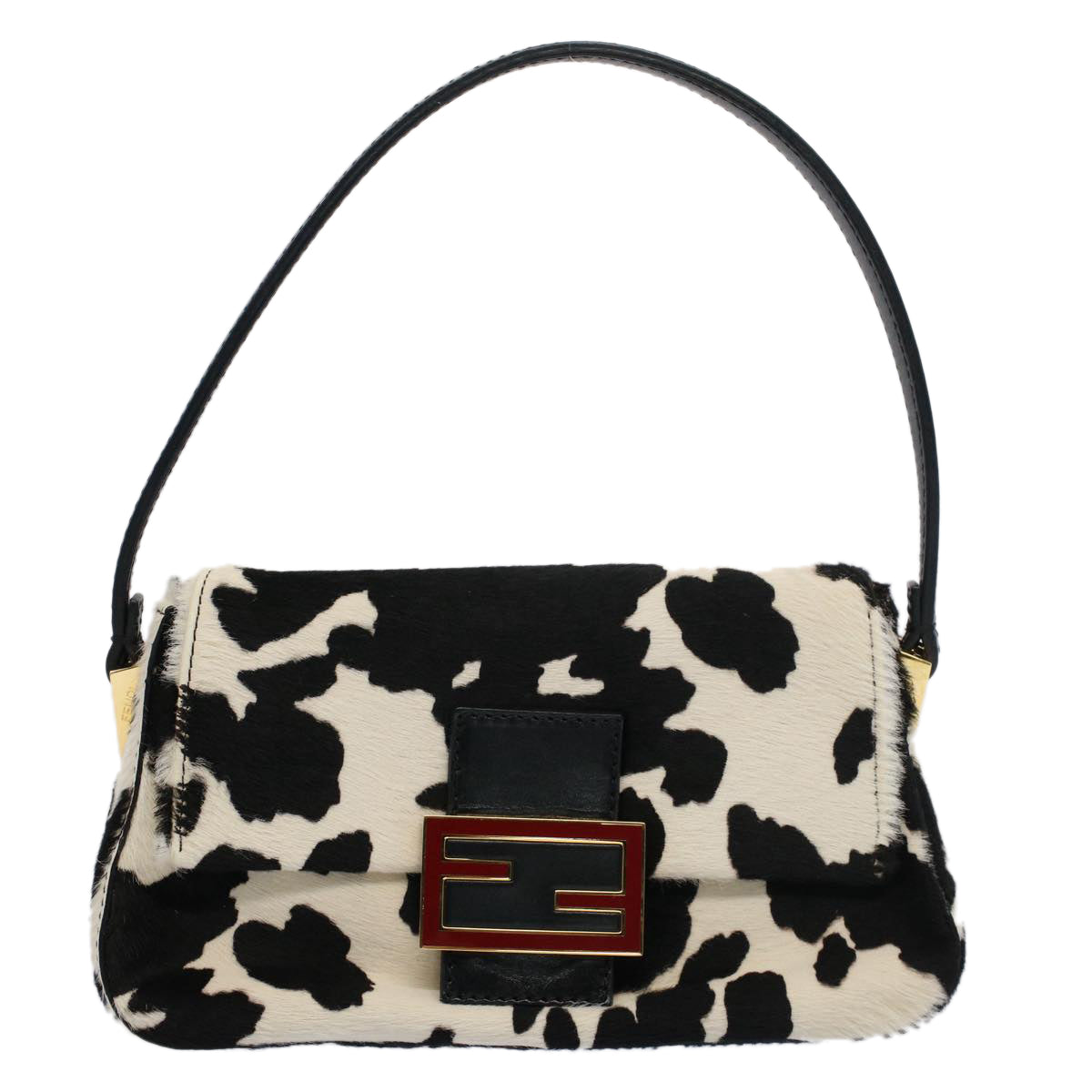 FENDI Cow Pattern Mini Mamma Baguette Bag Harako leather Black White Auth yk8500 - 0