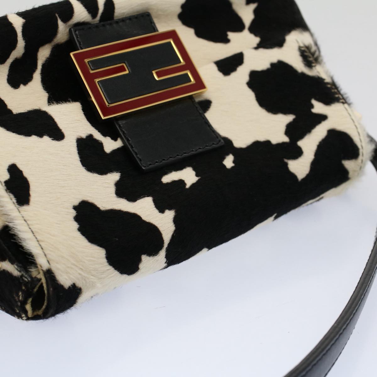 FENDI Cow Pattern Mini Mamma Baguette Bag Harako leather Black White Auth yk8500